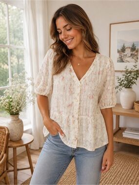322) Source Unknown Ivory Floral Embroidered Peplum Blouse Cottagecore